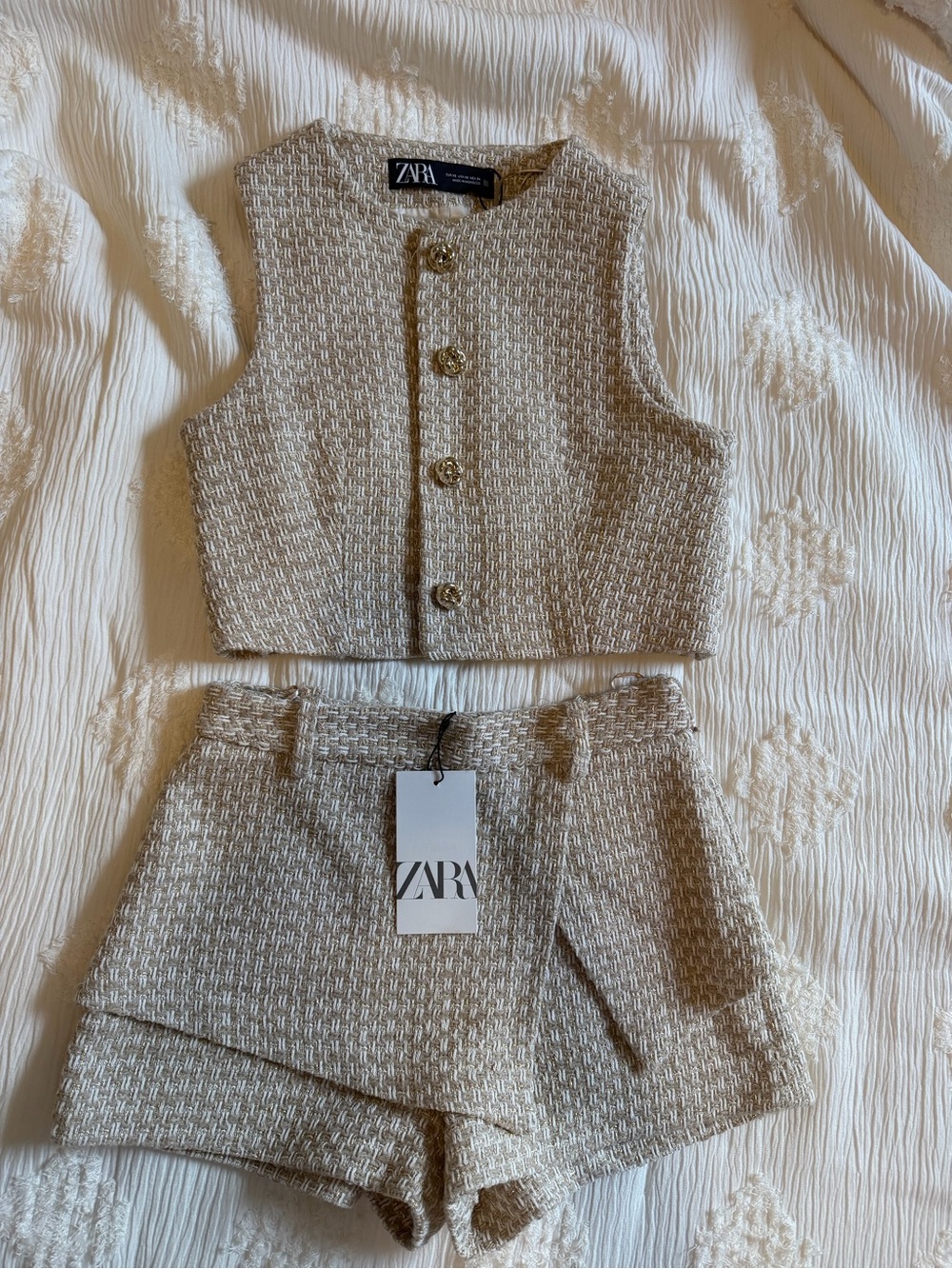 ZARA Beige Tweed High-Waist Short Set